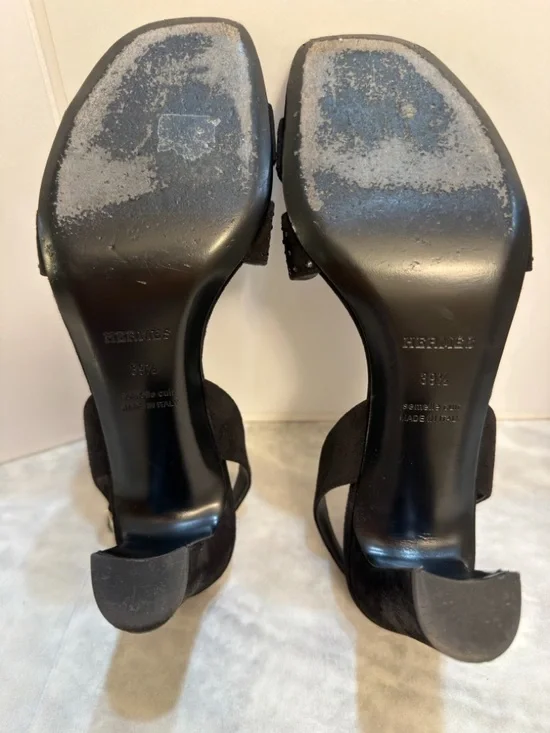 Hermes Black Suede Crystal Embellished Slingback H Sandals Size 39,9 (US 9,5) - Picture 9 of 17